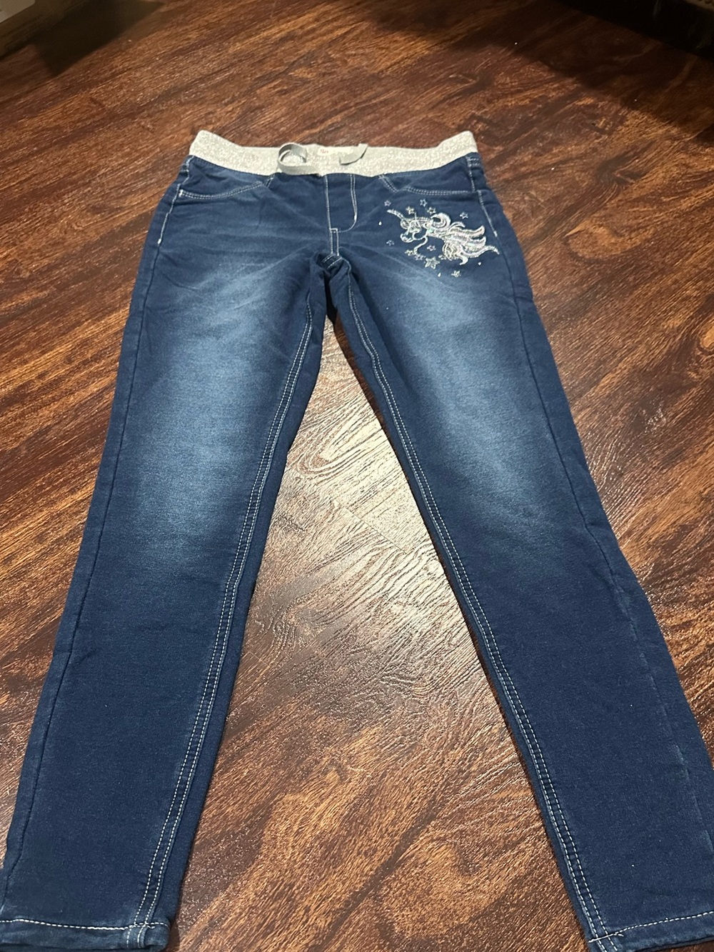 SO Girls Navy Skinny Jeggings with Silver Elastic Waist and Embroidery